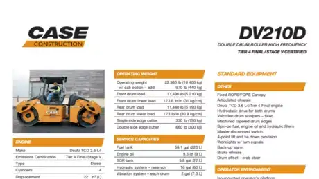 DV210D HF Large Double Drum Vibratory Compactor Specifications