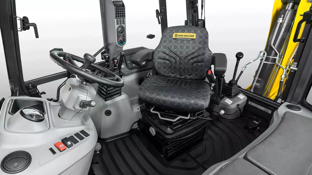  studio photo of the New Holland Construction backhoe loader cabin.