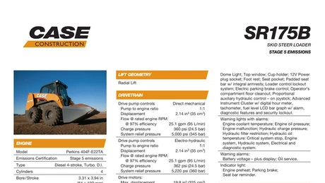 SR175B Skid Steer Loader Specifications