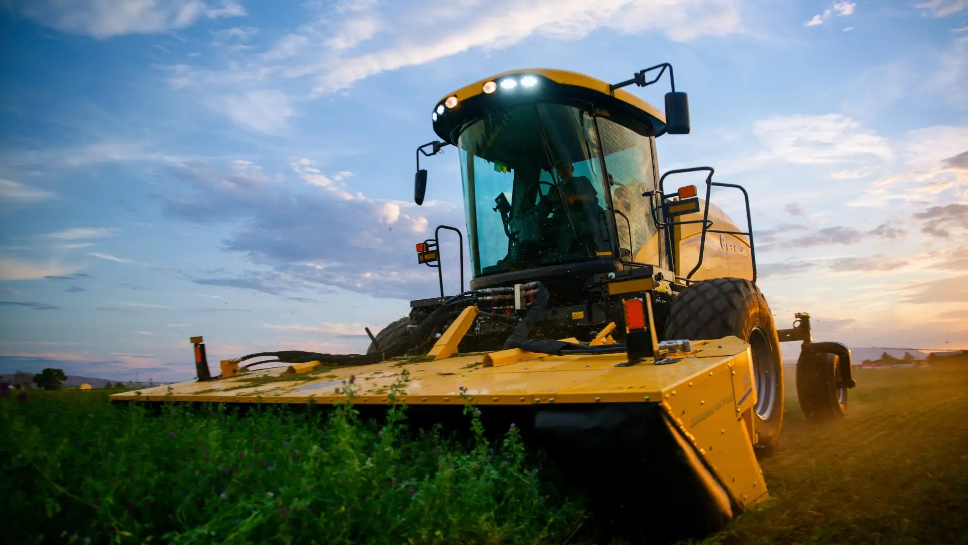 Close up of Windrower cutting grass.
