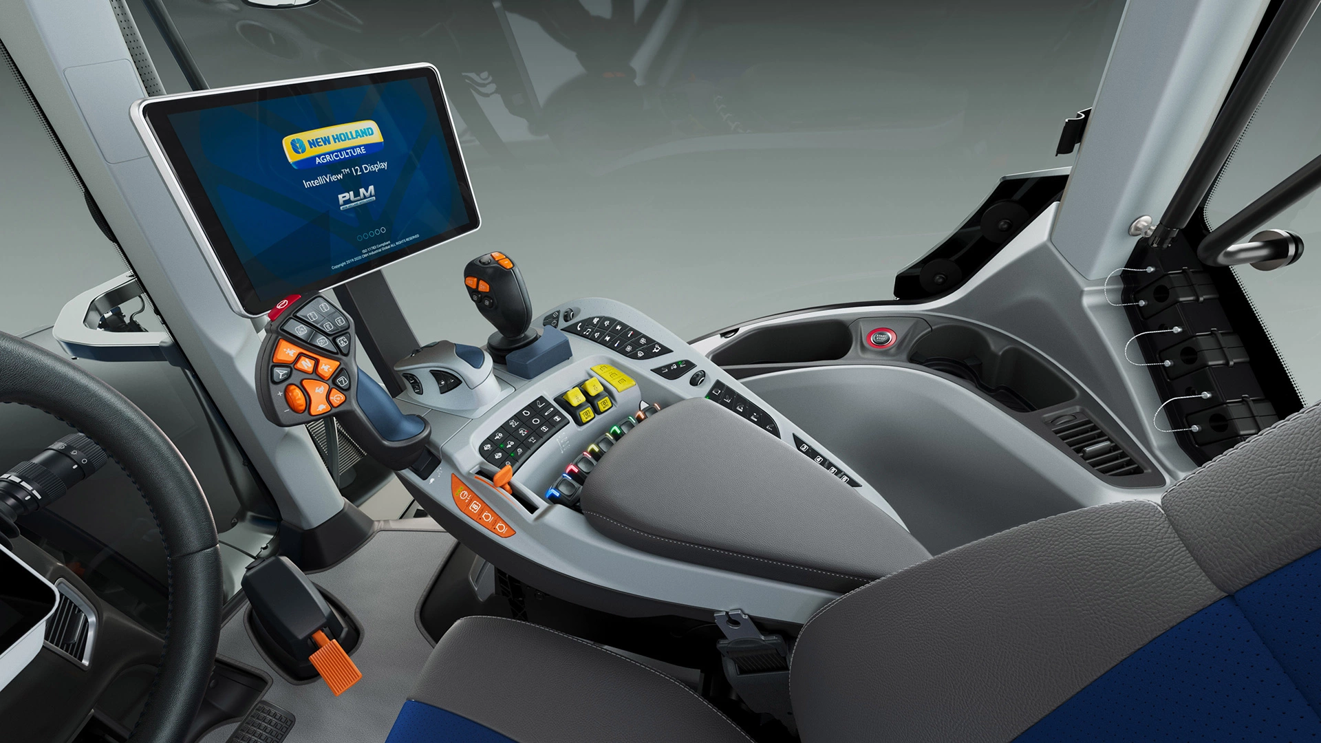 Detailed view of the inside of T7 Heavy Duty With PLM Intelligence agricultural tractor's cockpit