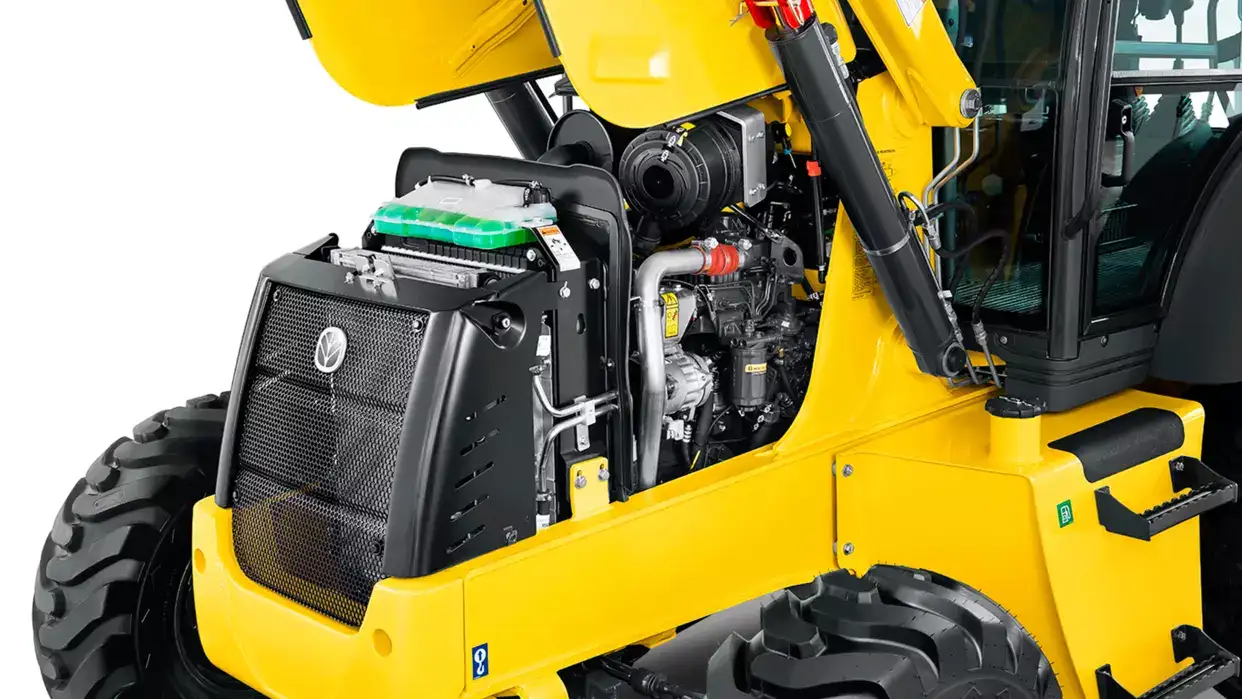 studio photo of the New Holland Construction backhoe loader engine.