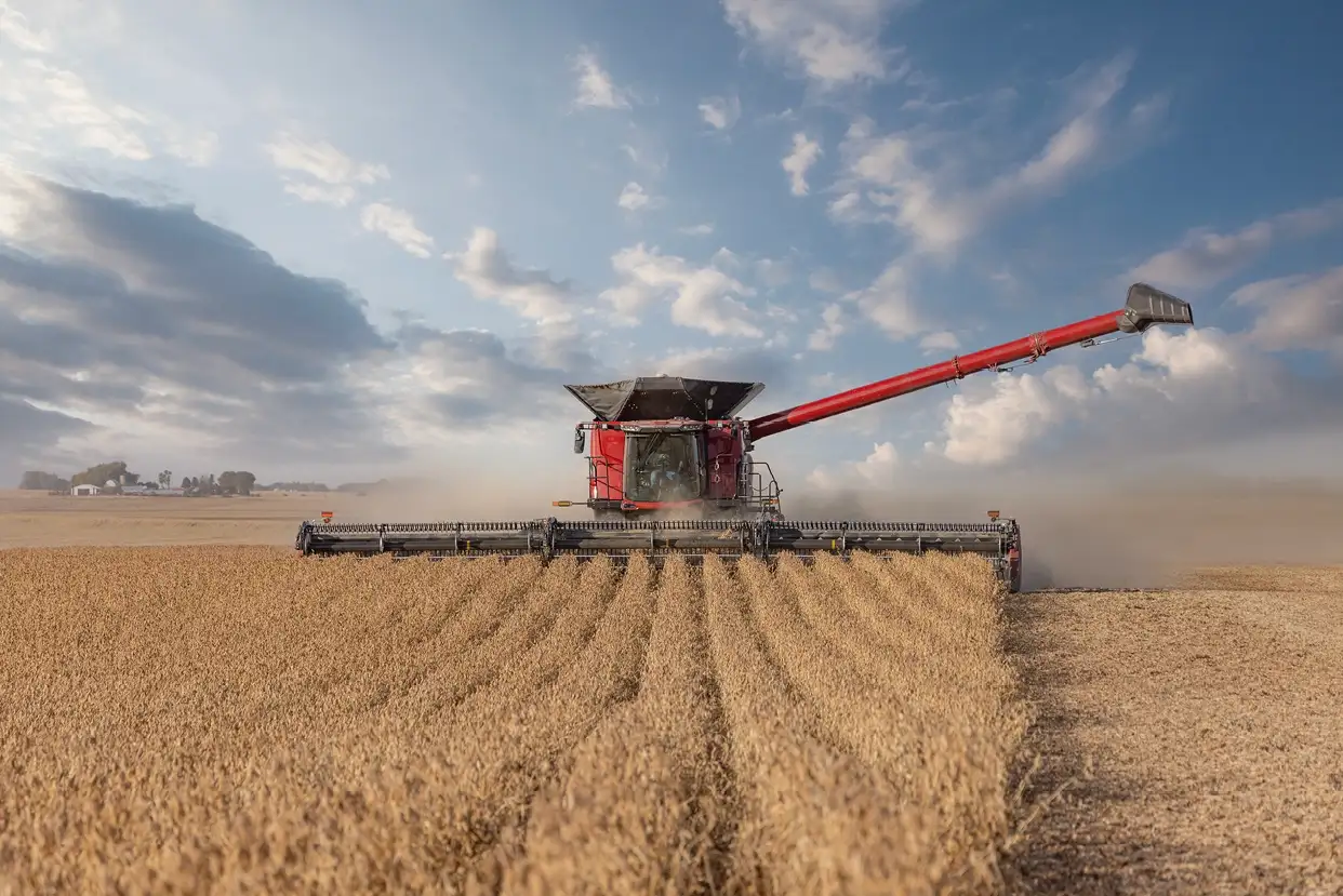 Case IH red combine harvester works through a golden wheat field under a partly cloudy blue sky.