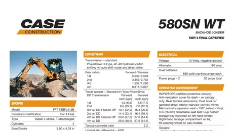 580SN WT Construction King Backhoe Loader Specifications