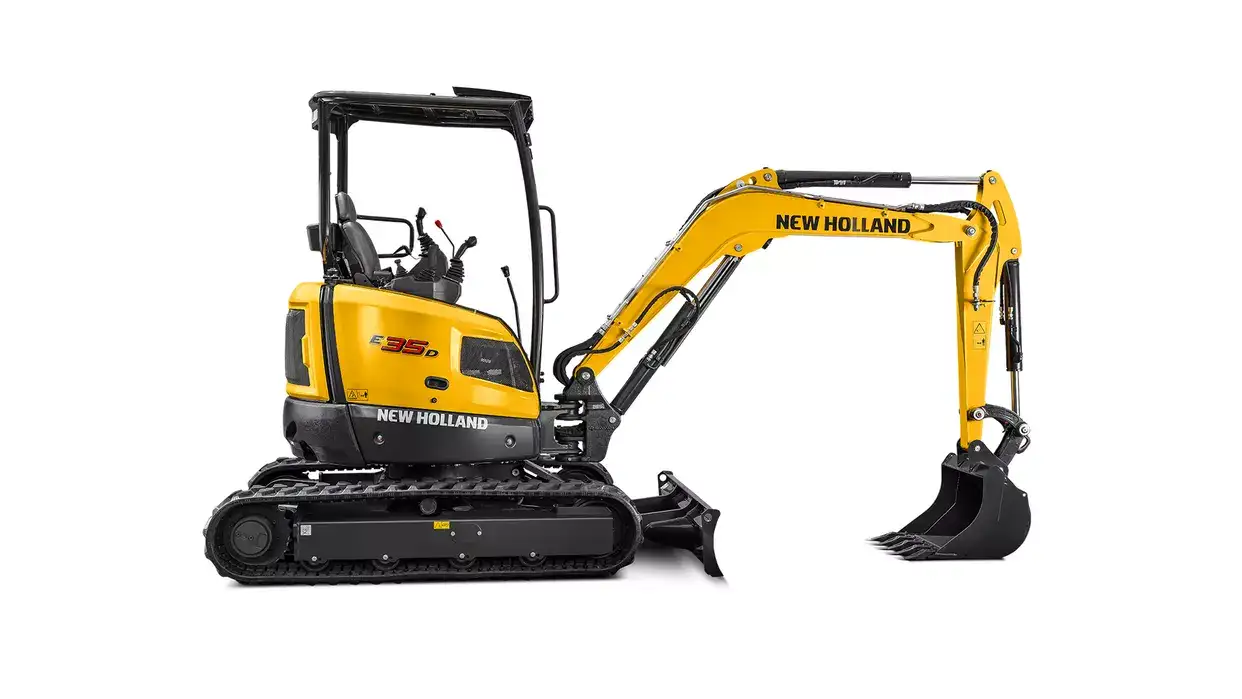 foto em estúdio da miniescavadeira New Holland Construction, com destaque para sua habilidade de pivotamento. 