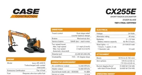 CX255E SR Large Crawler Excavator Specifications