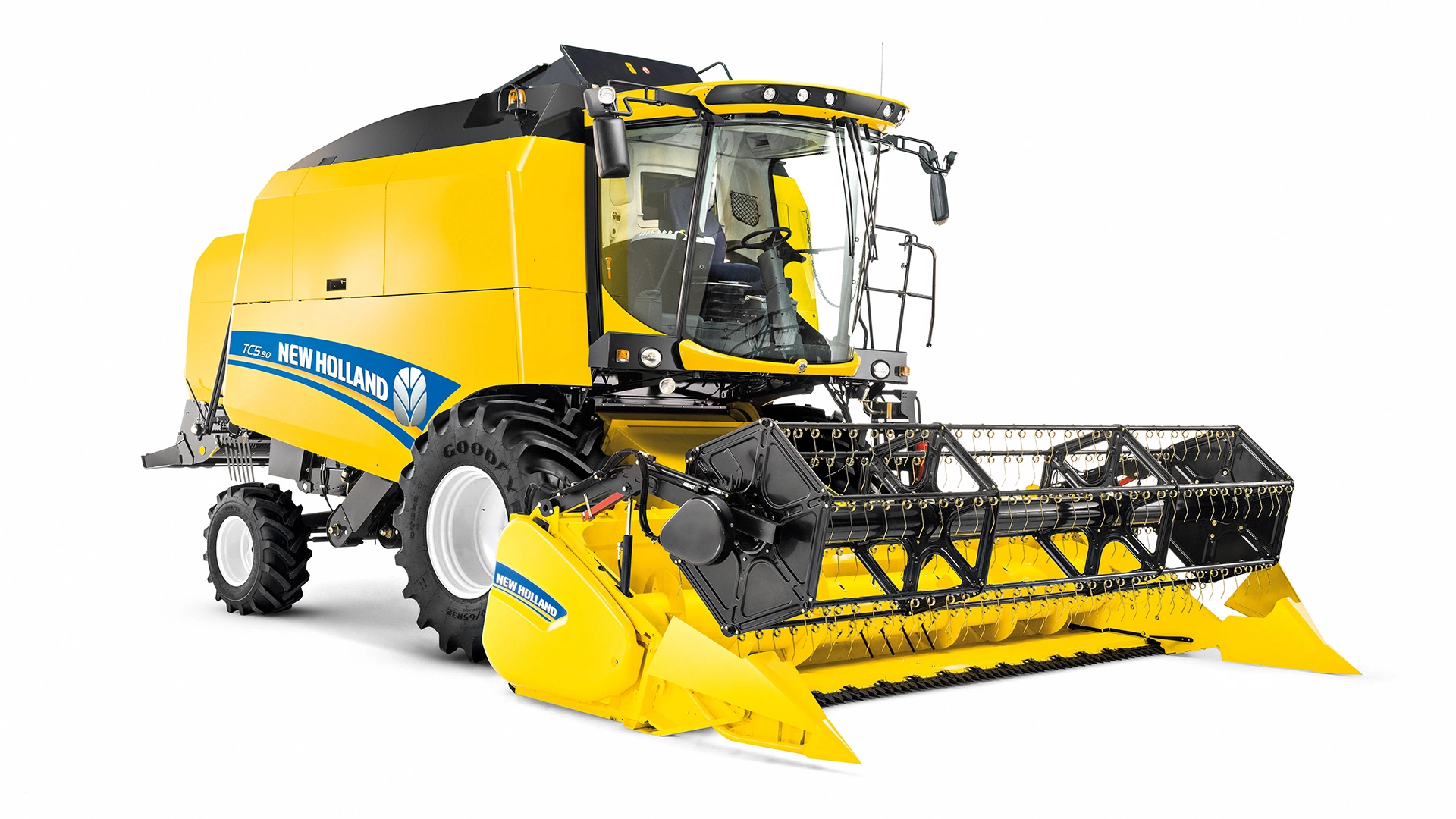 Yellow New Holland TC combine harvester with a grain header, positioned against a white background.