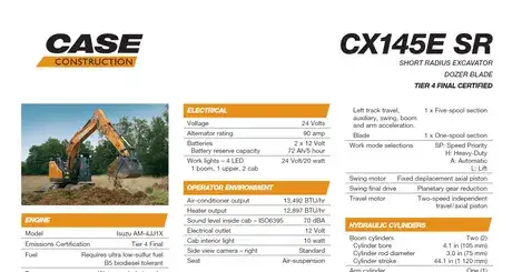 CX145E SR Dozer Blade Large Crawler Excavator Specifications