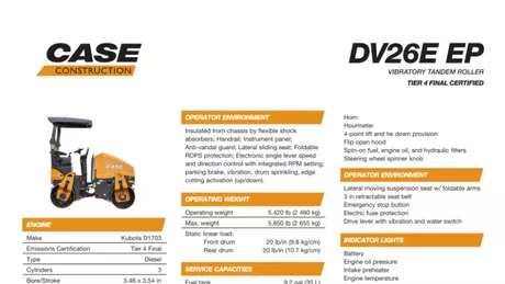 DV26E EP Vibratory Tandem Roller Specifications