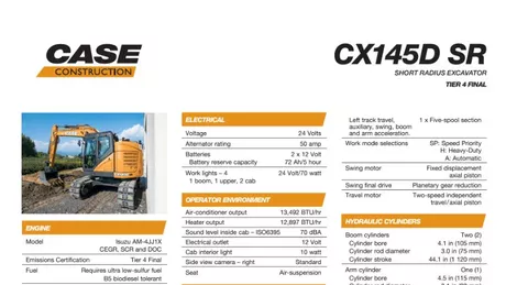 CX145D SR Short-Radius Large Crawler Excavator Specifications