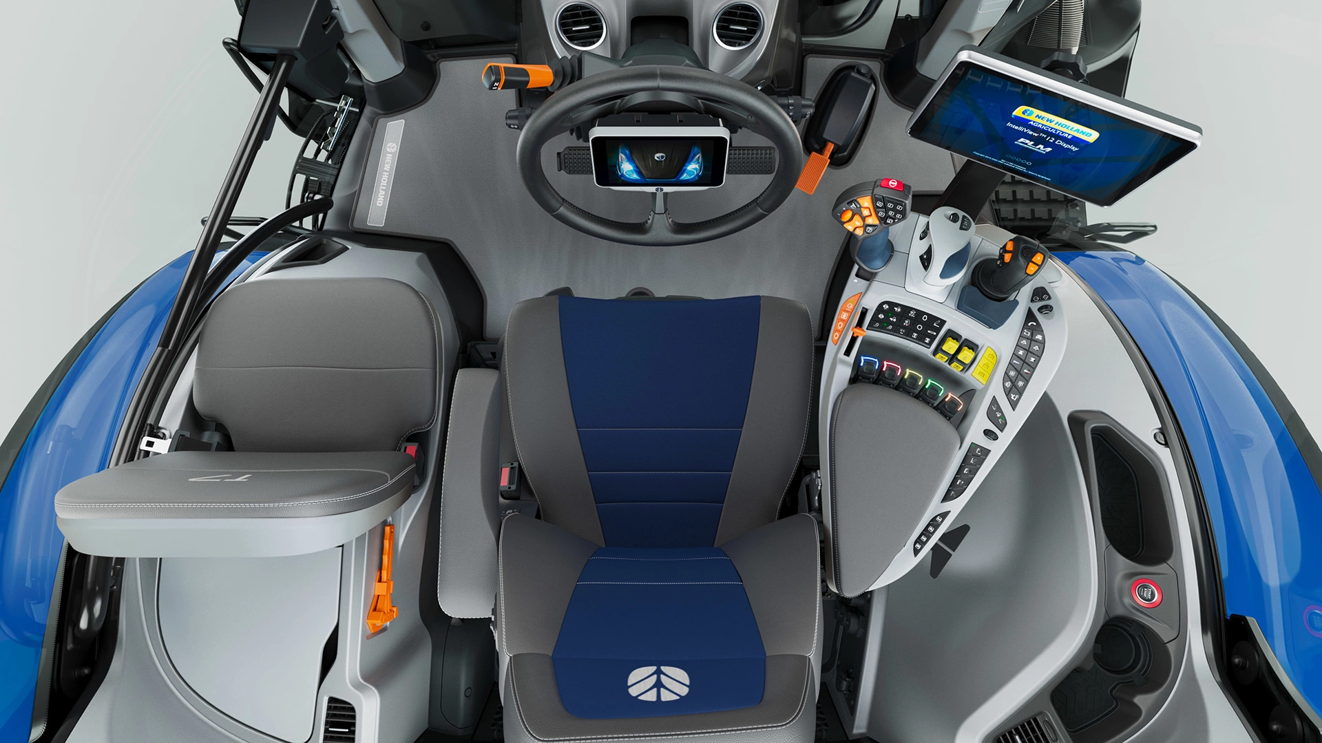 Detailed view of the inside of T7 Heavy Duty With PLM Intelligence agricultural tractor's cockpit
