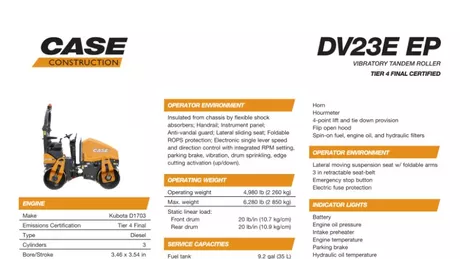 DV23E EP Vibratory Tandem Roller Specifications