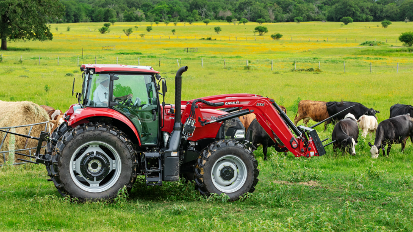 A Case IH tractor is parked on a lush green farm field beside hay bales, with grazing cows nearby.