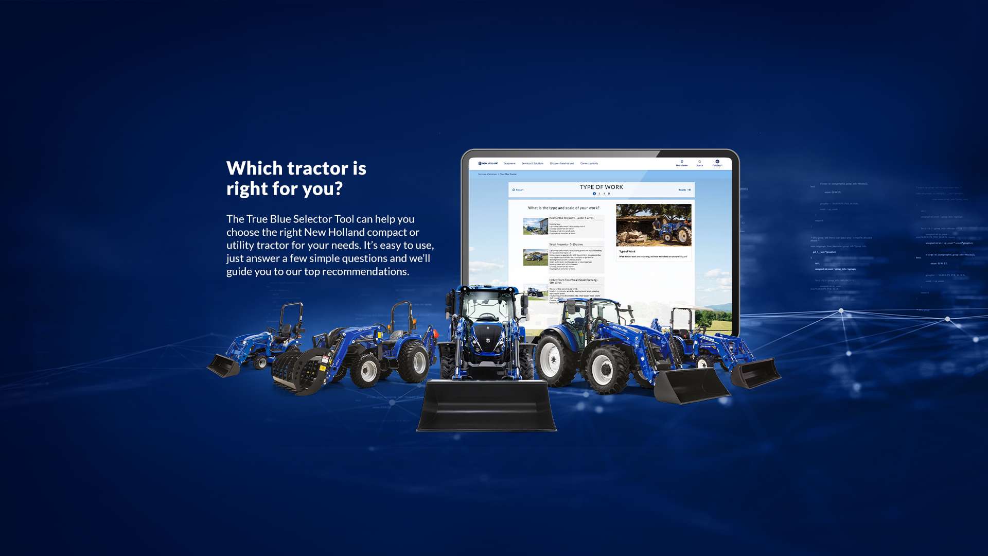 Line up of blue tractors in front of a screen.
