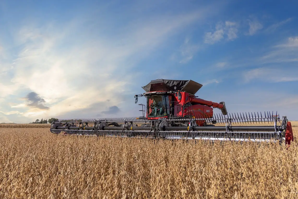 Case IH model AF10 FD240 combine harvester works in a wheat field under a clear blue sky.