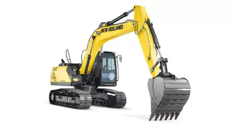  foto de estúdio com a escavadeira hidráulica E175C EVO da New Holland destacando seu braço e lateral.