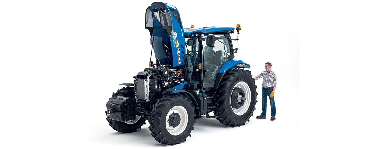 T5 Series tractor with open hood for engine servicing