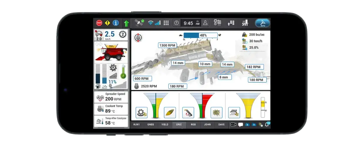 Case IH Pro 1200 display user interface featured on a mobile device via FieldOps app.