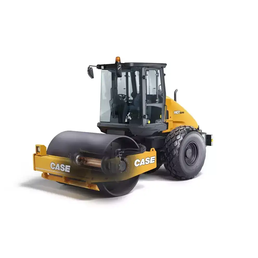 foto de estúdio do rolo compactador da Case Construction. Há uma aplicação de efeito que torna o rolo compactador liso transparente para mostrar detalhes de seu interior.