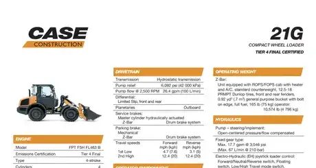 21G Compact Wheel Loader Specifications