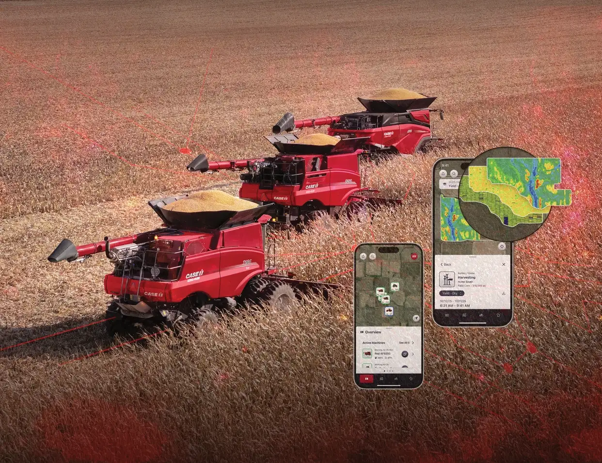 Aerial view of three red Case IH combine harvesters working side by side in a golden field, with smartphone screens showing a farm management app overlaid on the image.