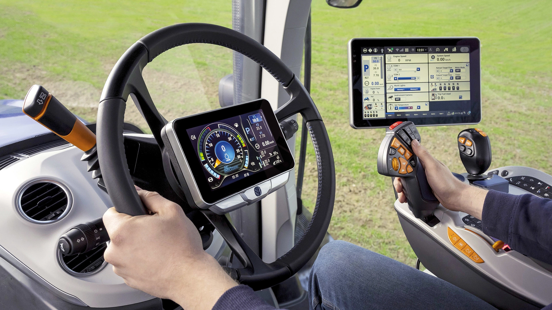 Interior of a T7 Heavy Duty With PLM Intelligence tractor's driver cabin with controls