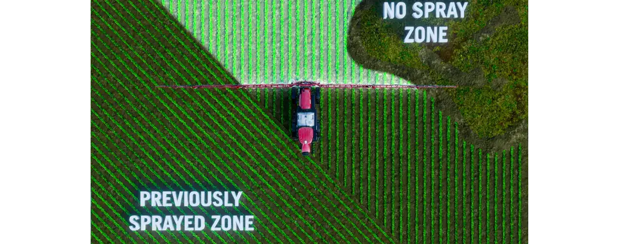 A graphic illustrating how Case IH AccuBoom technology prevents previously sprayed zones and no spray zones from overlap and crop damage. 