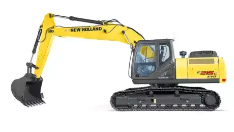 foto de estúdio com a escavadeira hidráulica E215C EVO da New Holland Construction, destacando sua lateral.    