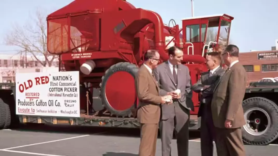 International Harvester creates first successful spindle cotton picker. "Old Red" was mounted on a Farmall Tractor H. Both are donated for display at the Smithsonian Institution.