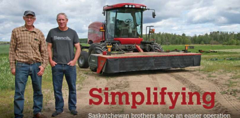 Two men standing in front of Case IH Windrower