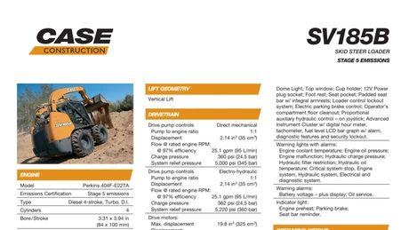 SV185B Skid Steer Loader Specifications