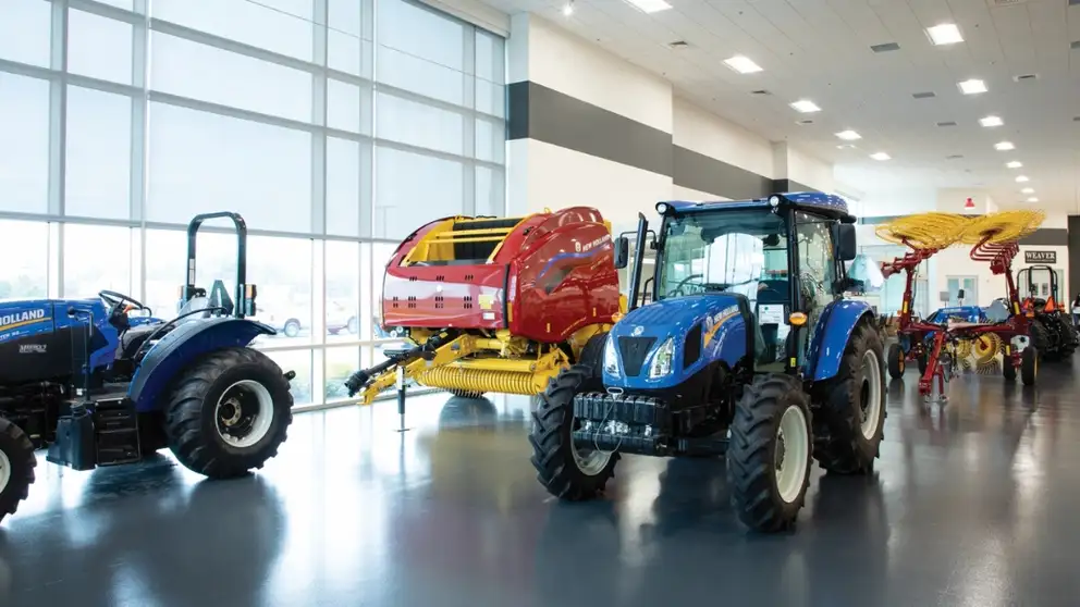 Equipment in a New Holland dealership showroom