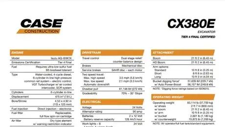 CX380E Large Crawler Excavator Specifications