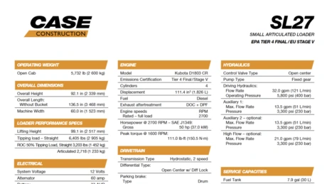 SL27 Small Articulated Loader Specifications 