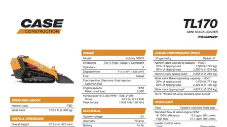 TL170 Mini Track Loader Specifications