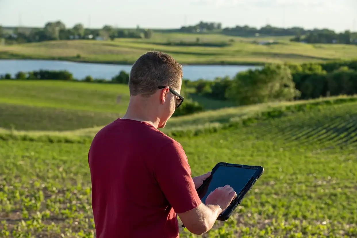 Man in a red shirt and glasses uses a tablet while surveying green farmland beside a river in warm sunlight, conveying rural agriculture.