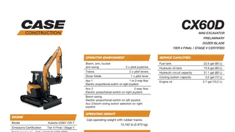 CX60D Mini Excavator Specifications