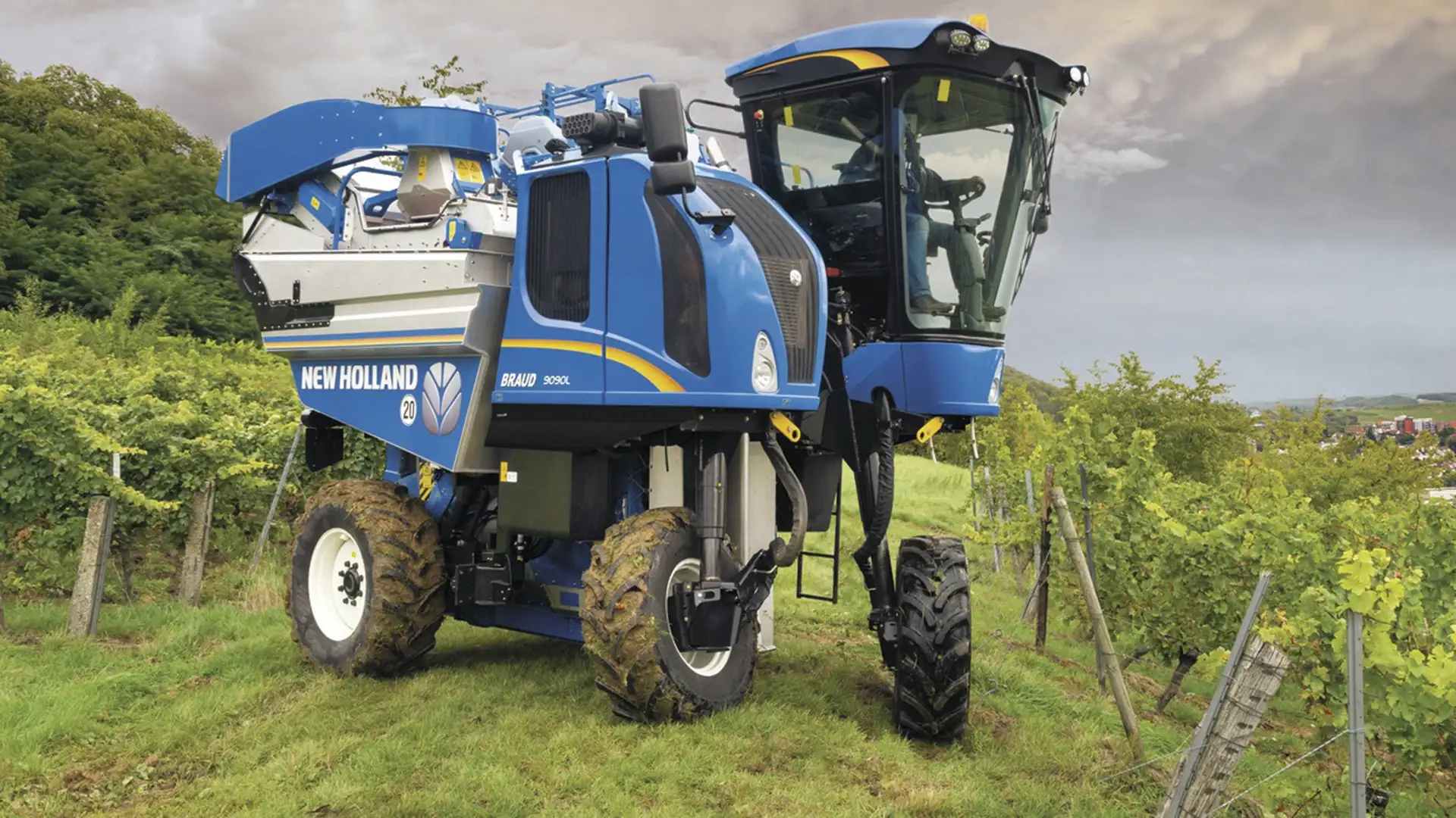 Braud High Capacity Grape Harvester making a manoeuvre