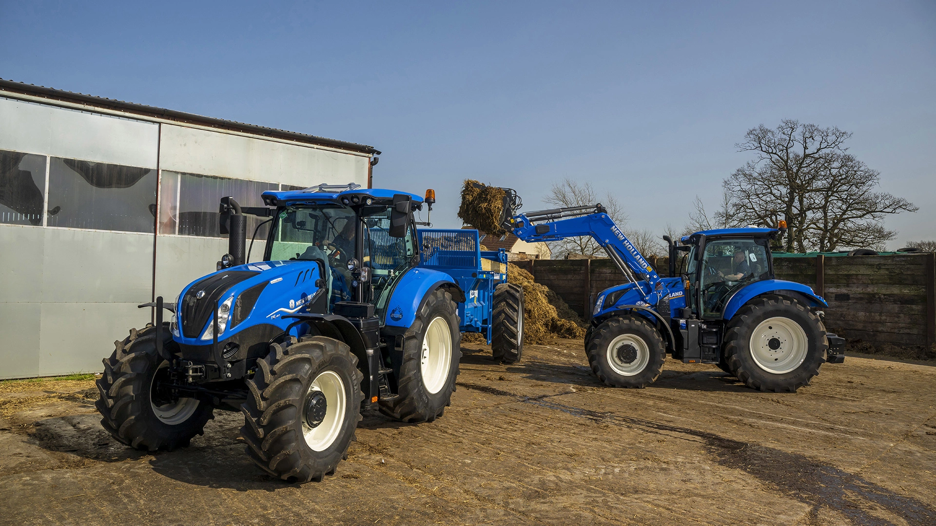 Two New Holland tractors, one with a front loader carrying manure, at a rural farmstead.