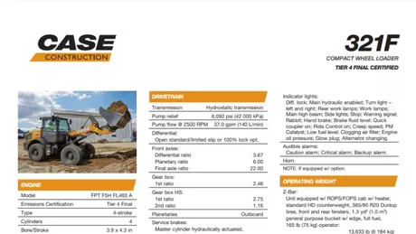 321F Compact Wheel Loader Specifications