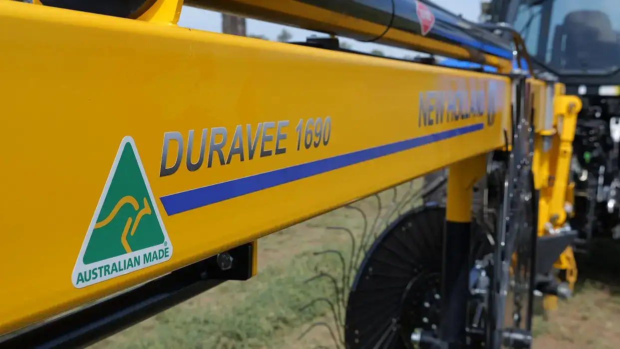 New Holland DuraVee trailing rake in field in Australia