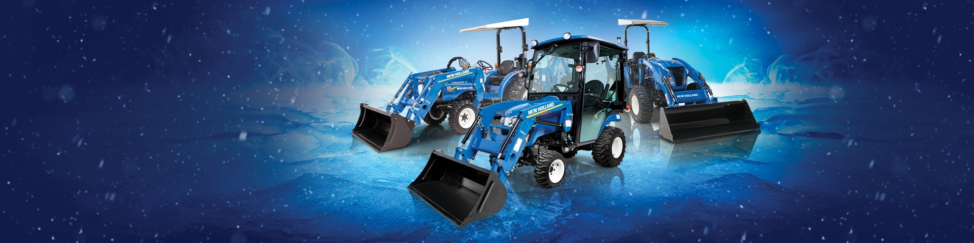 New Holland compact tractors with blue background.
