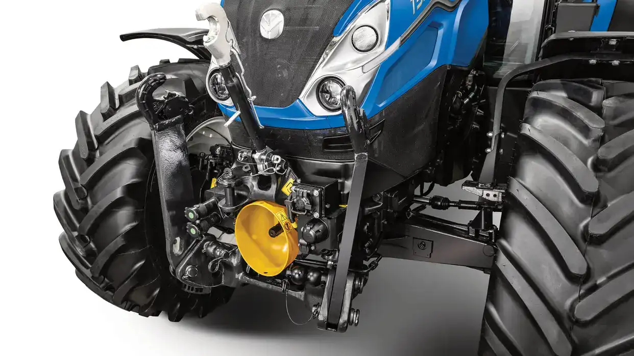 New Holland T5 Dual Command 120 front linkage close up with white background