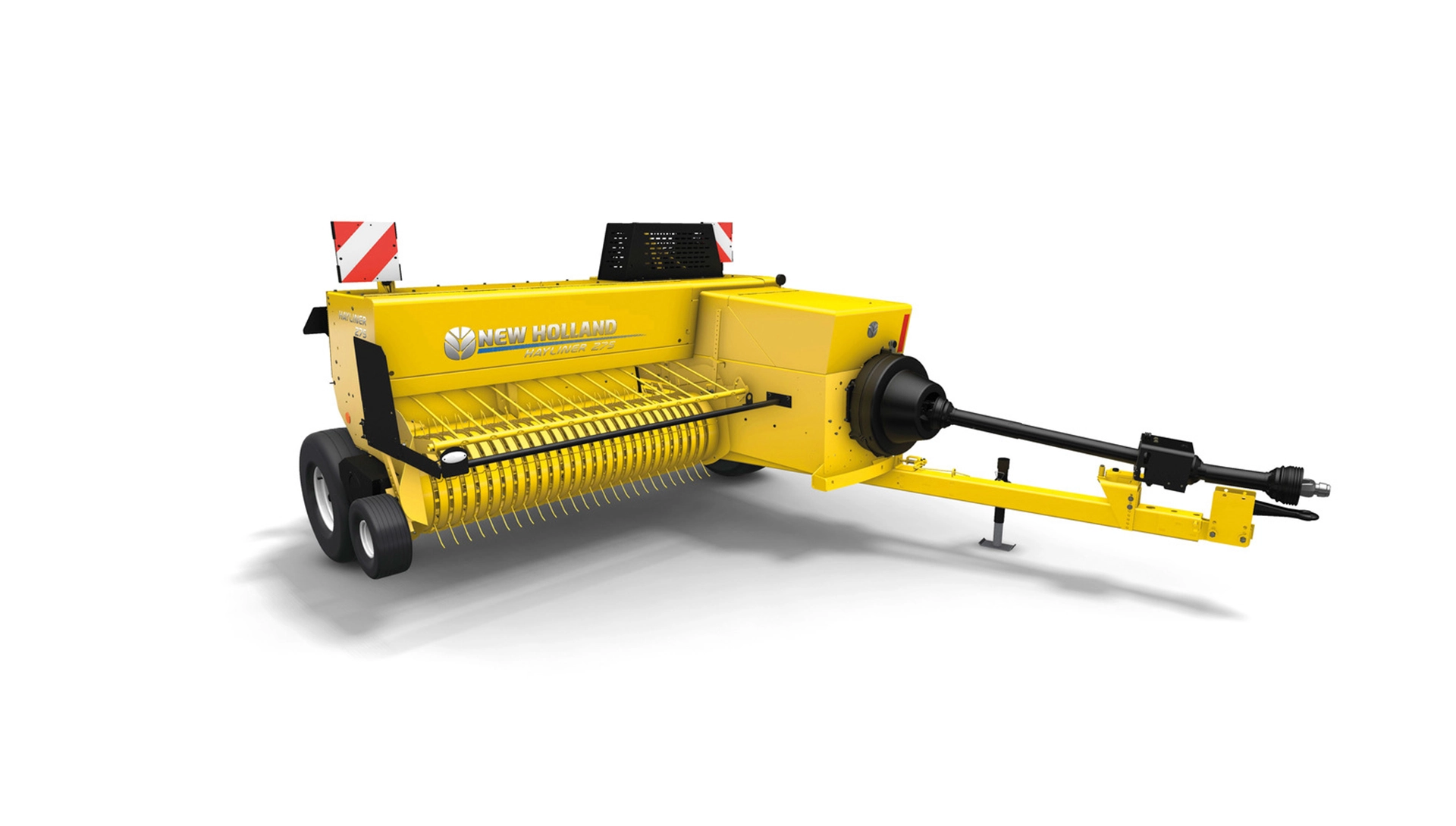 New Holland Square Baler Hayliner equipment, yellow design, detailed view with metal tines, white background