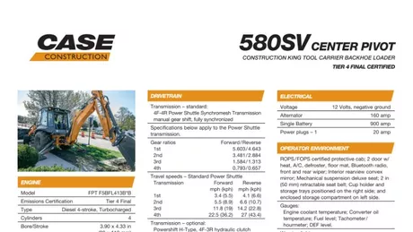 580SV Construction King™ Center Pivot Backhoe Loader Specifications