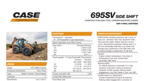 695SV Construction King™ Side Shift Backhoe Loader Specifications