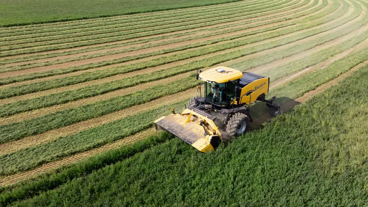 Windrower cutting in a field.