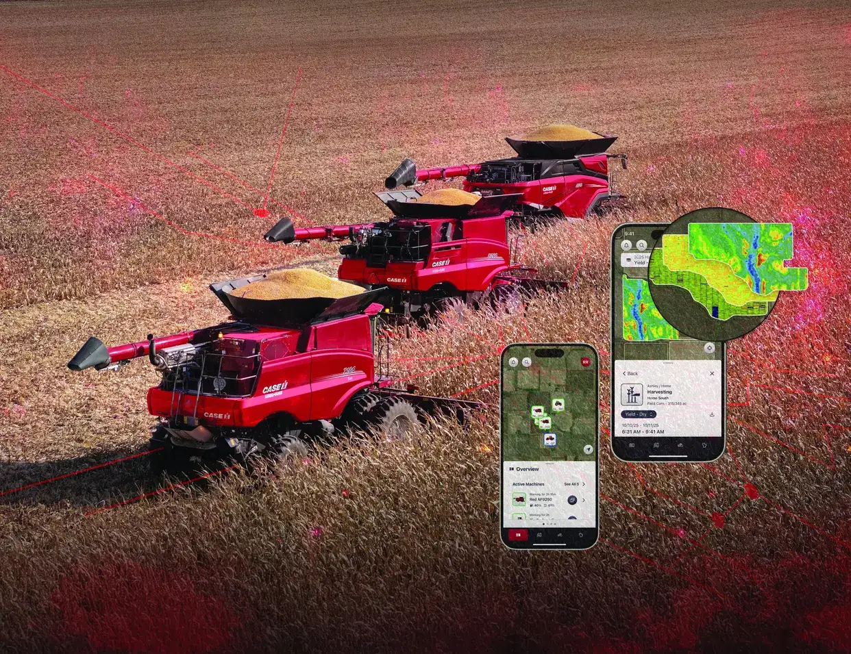 Aerial view of three red Case IH combine harvesters working side by side in a golden field, with smartphone screens showing a farm management app overlaid on the image.
