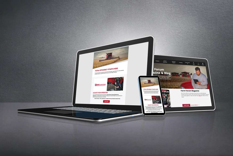 A laptop, tablet, and smartphone display the Case IH website, with articles and magazine content, showcasing a polished, responsive design.