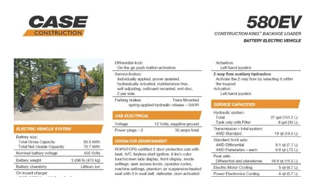 580EV Electric Backhoe Specifications